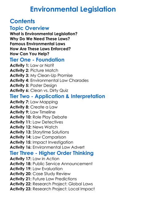 Environmental Legislation Worksheet Activity Booklet