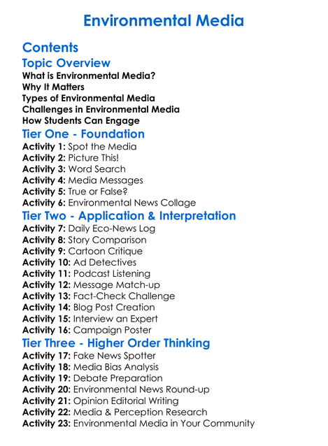Environmental Media Worksheet Activity Booklet