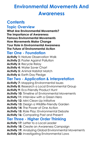 Environmental Movements And Awareness Worksheet Activity Booklet