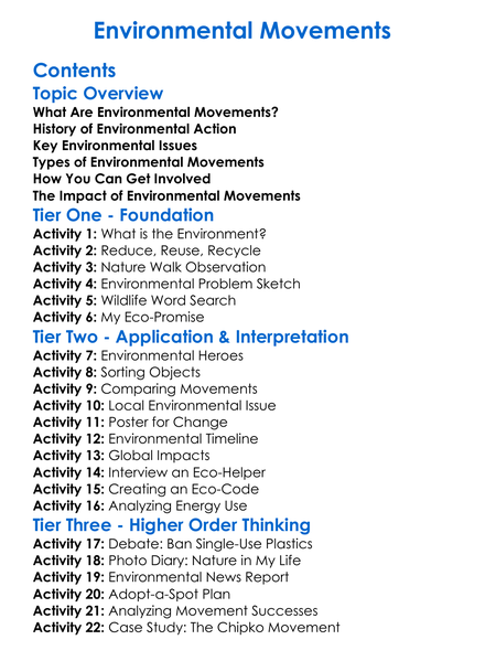Environmental Movements Worksheet Activity Booklet
