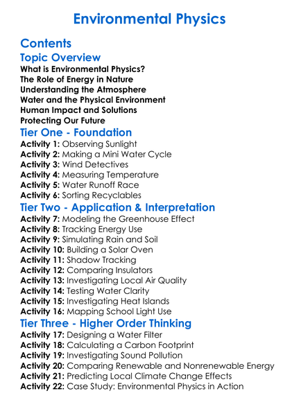 Environmental Physics Worksheet Activity Booklet