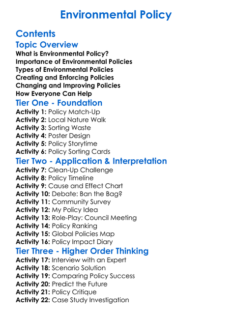 Environmental Policy Worksheet Activity Booklet
