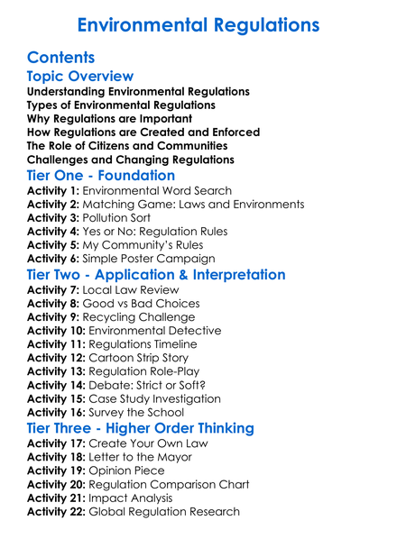 Environmental Regulations Worksheet Activity Booklet