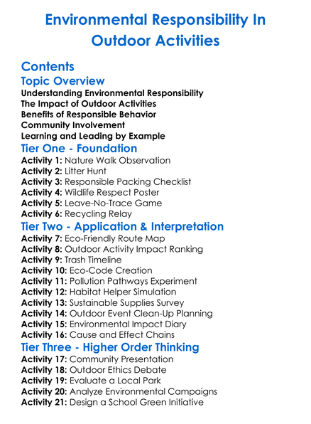 Environmental Responsibility In Outdoor Activities Worksheet Activity Booklet