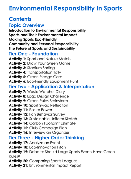 Environmental Responsibility In Sports Worksheet Activity Booklet