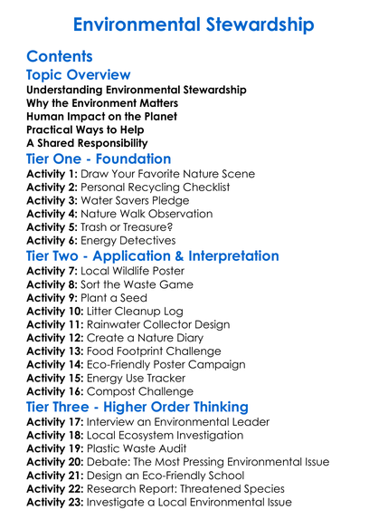 Environmental Stewardship Worksheet Activity Booklet