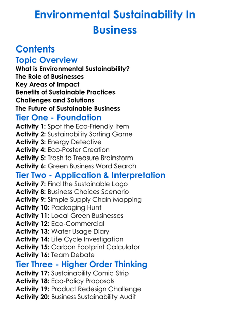 Environmental Sustainability In Business Worksheet Activity Booklet