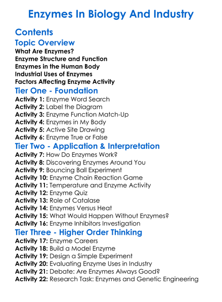 Enzymes In Biology And Industry Worksheet Activity Booklet