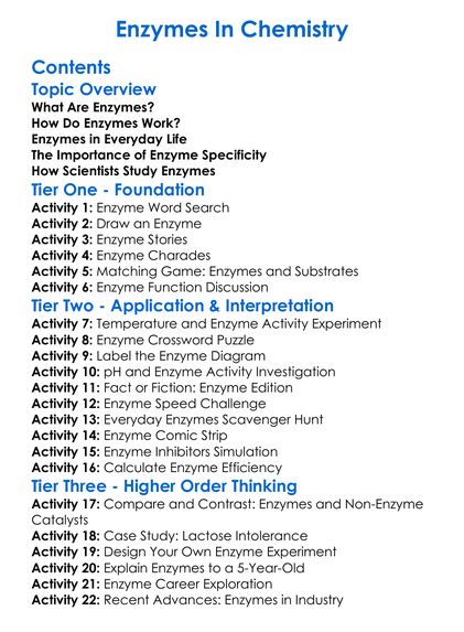 Enzymes In Chemistry Worksheet Activity Booklet
