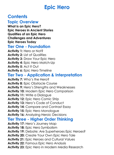 Epic Hero Worksheet Activity Booklet