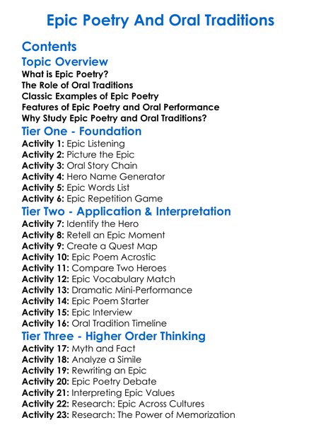 Epic Poetry And Oral Traditions Worksheet Activity Booklet