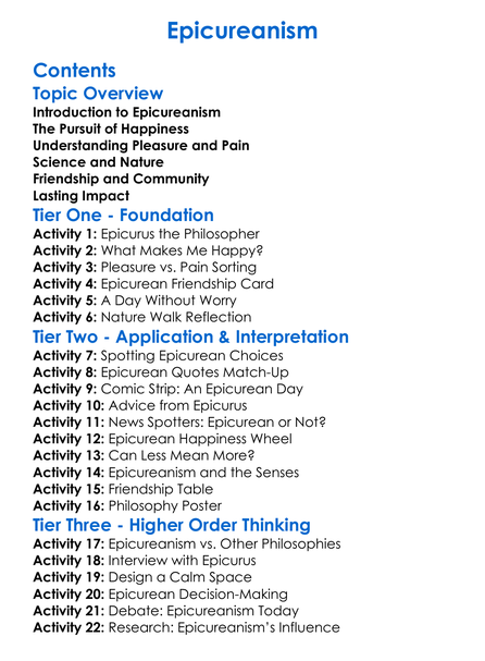 Epicureanism Worksheet Activity Booklet