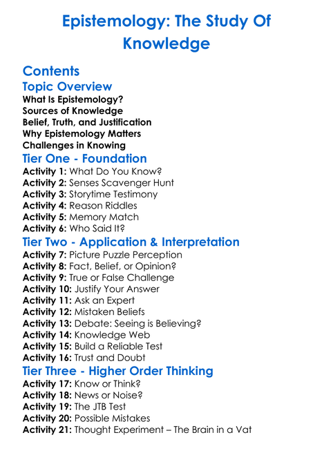 Epistemology The Study Of Knowledge Worksheet Activity Booklet