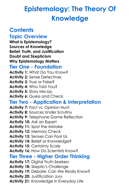 Epistemology The Theory Of Knowledge Worksheet Activity Booklet