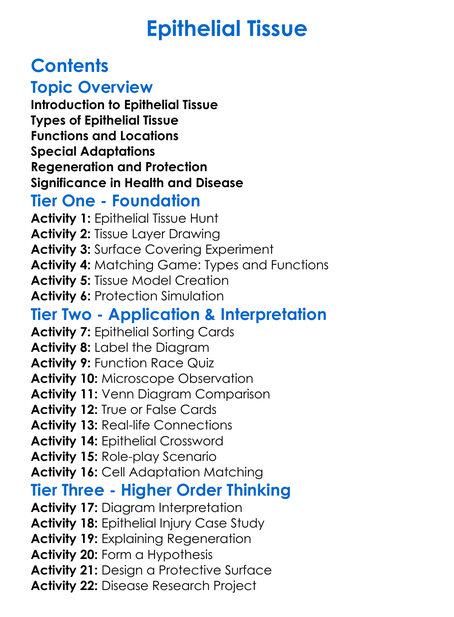 Epithelial Tissue Worksheet Activity Booklet
