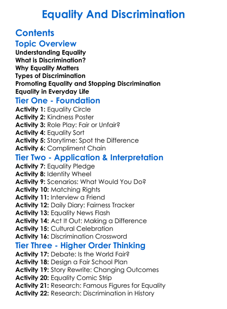 Equality And Discrimination Worksheet Activity Booklet