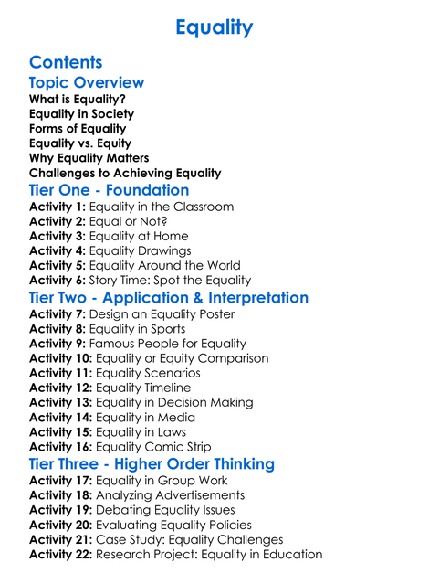 Equality Worksheet Activity Booklet