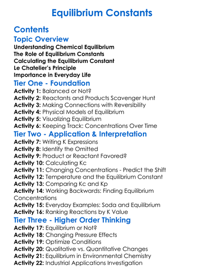 Equilibrium Constants Worksheet Activity Booklet
