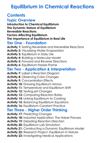 Equilibrium In Chemical Reactions Worksheet Activity Booklet