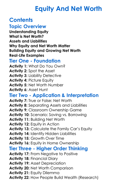 Equity And Net Worth Worksheet Activity Booklet