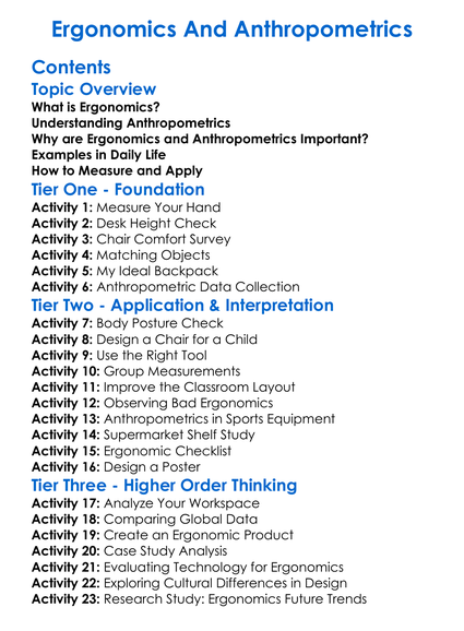 Ergonomics And Anthropometrics Worksheet Activity Booklet