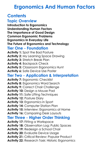 Ergonomics And Human Factors Worksheet Activity Booklet