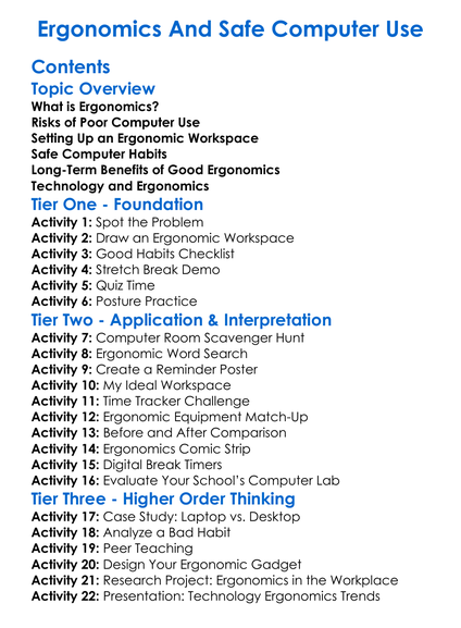 Ergonomics And Safe Computer Use Worksheet Activity Booklet