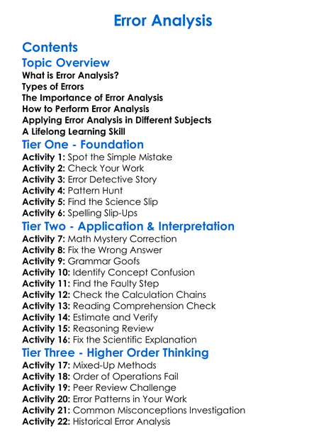 Error Analysis Worksheet Activity Booklet