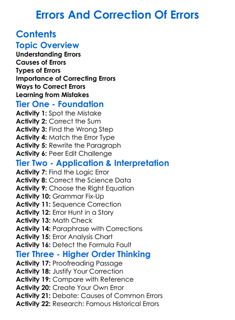 Errors And Correction Of Errors Worksheet Activity Booklet