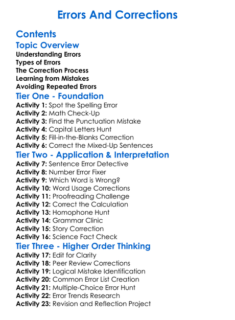 Errors And Corrections Worksheet Activity Booklet