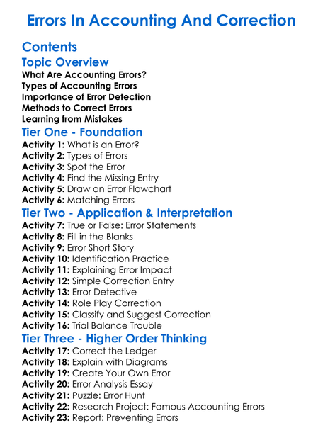 Errors In Accounting And Correction Worksheet Activity Booklet