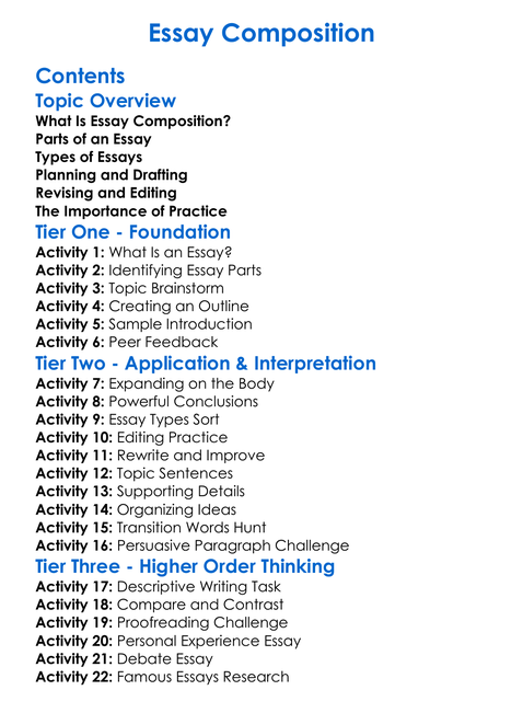 Essay Composition Worksheet Activity Booklet