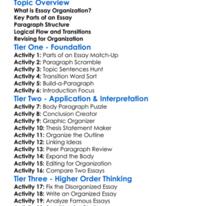 Essay Organization Worksheet Activity Booklet