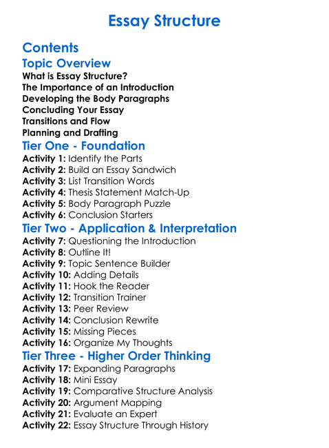 Essay Structure Worksheet Activity Booklet