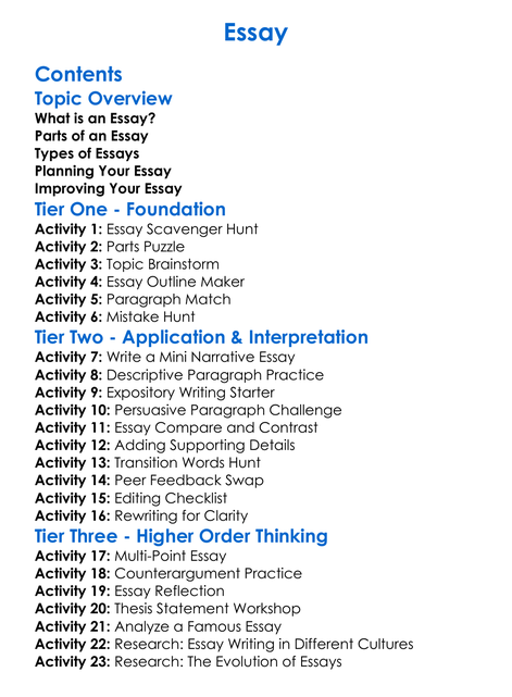 Essay Worksheet Activity Booklet