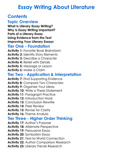 Essay Writing About Literature Worksheet Activity Booklet