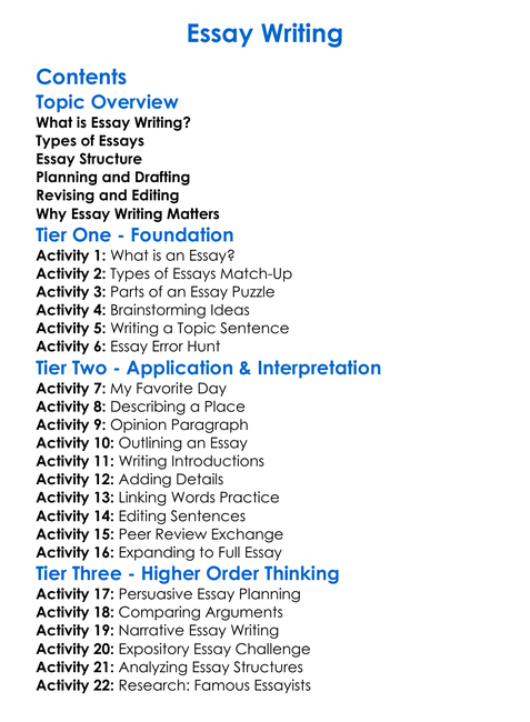 Essay Writing Worksheet Activity Booklet
