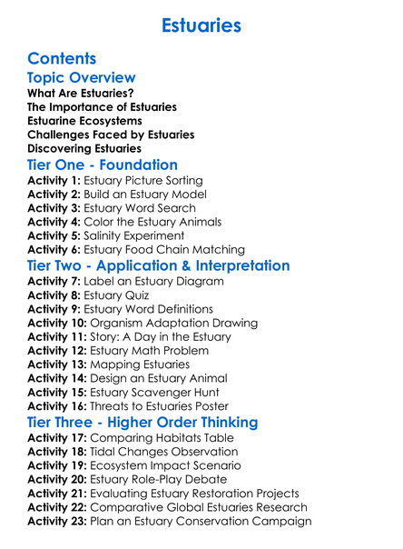 Estuaries Worksheet Activity Booklet
