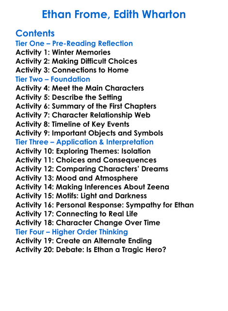 Ethan Frome Edith Wharton Worksheet Activity Booklet