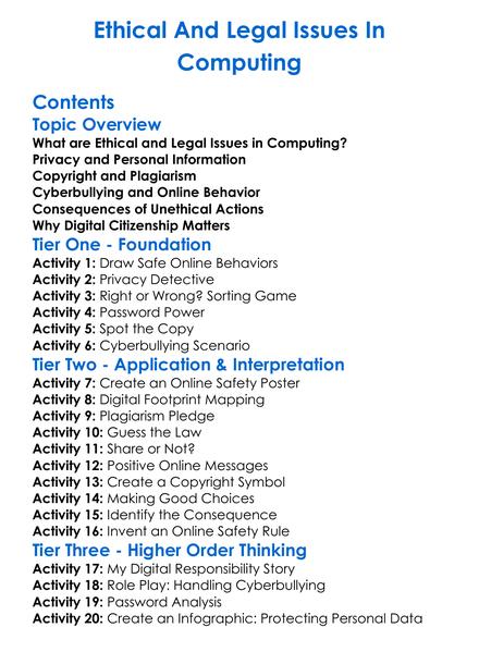 Ethical And Legal Issues In Computing Worksheet Activity Booklet