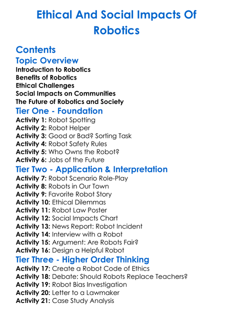 Ethical And Social Impacts Of Robotics Worksheet Activity Booklet