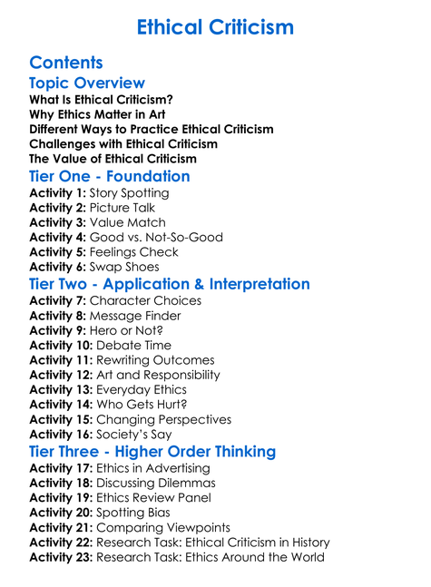 Ethical Criticism Worksheet Activity Booklet