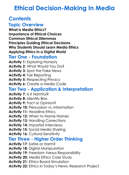 Ethical Decision-Making In Media Worksheet Activity Booklet
