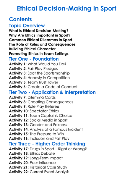 Ethical Decision-Making In Sport Worksheet Activity Booklet