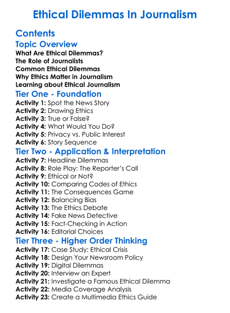 Ethical Dilemmas In Journalism Worksheet Activity Booklet