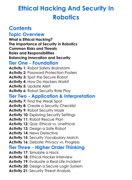 Ethical Hacking And Security In Robotics Worksheet Activity Booklet