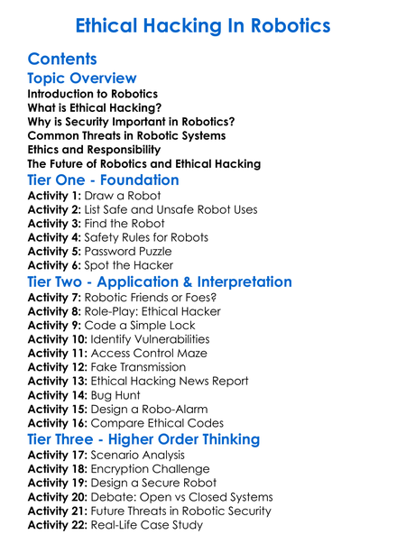 Ethical Hacking In Robotics Worksheet Activity Booklet
