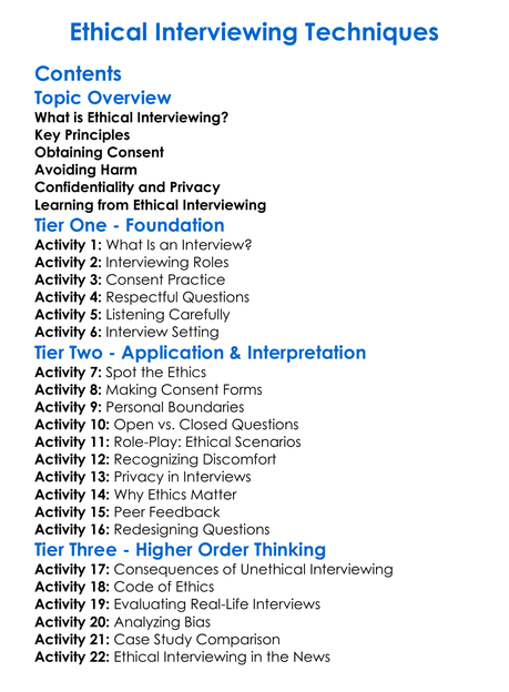 Ethical Interviewing Techniques Worksheet Activity Booklet