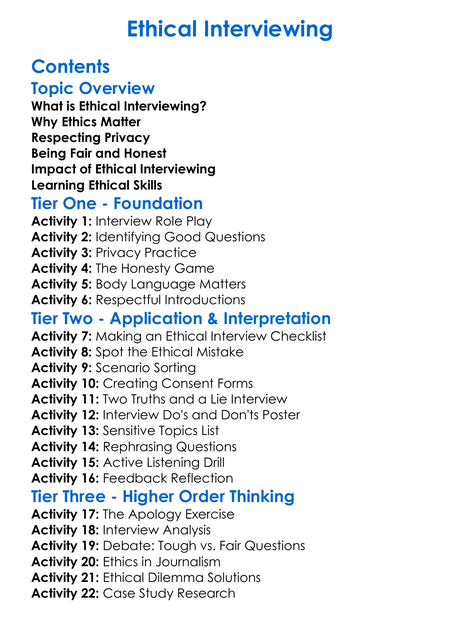Ethical Interviewing Worksheet Activity Booklet