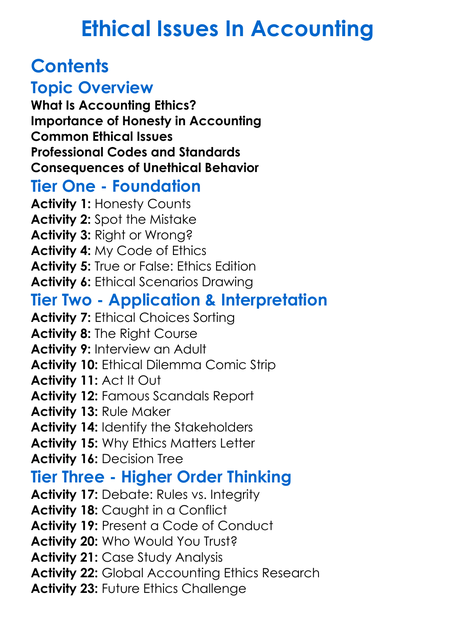 Ethical Issues In Accounting Worksheet Activity Booklet